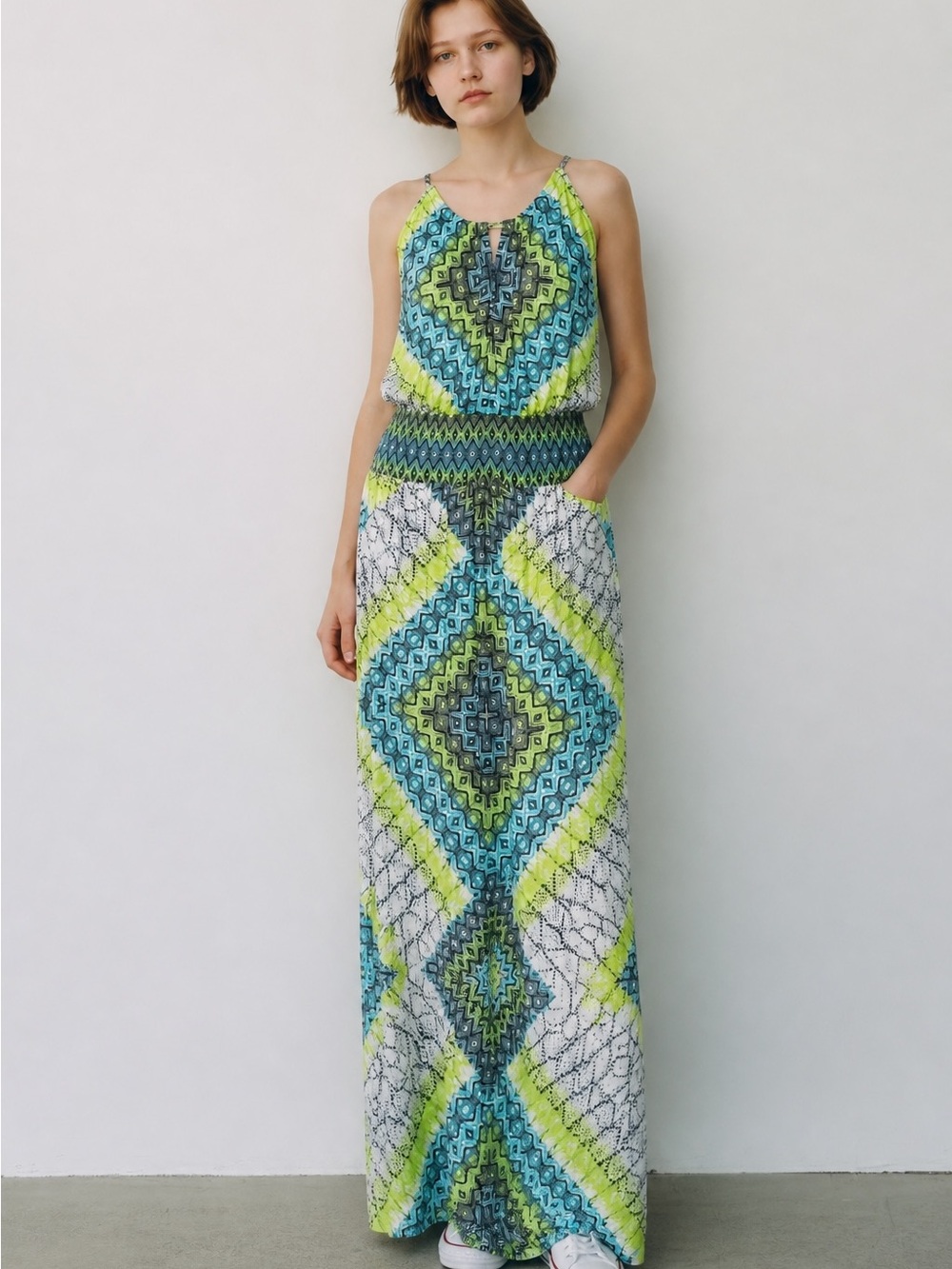 London Times Blue Lime Geo Print Maxi Dress Sleeveless Elastic Waist Womens 14